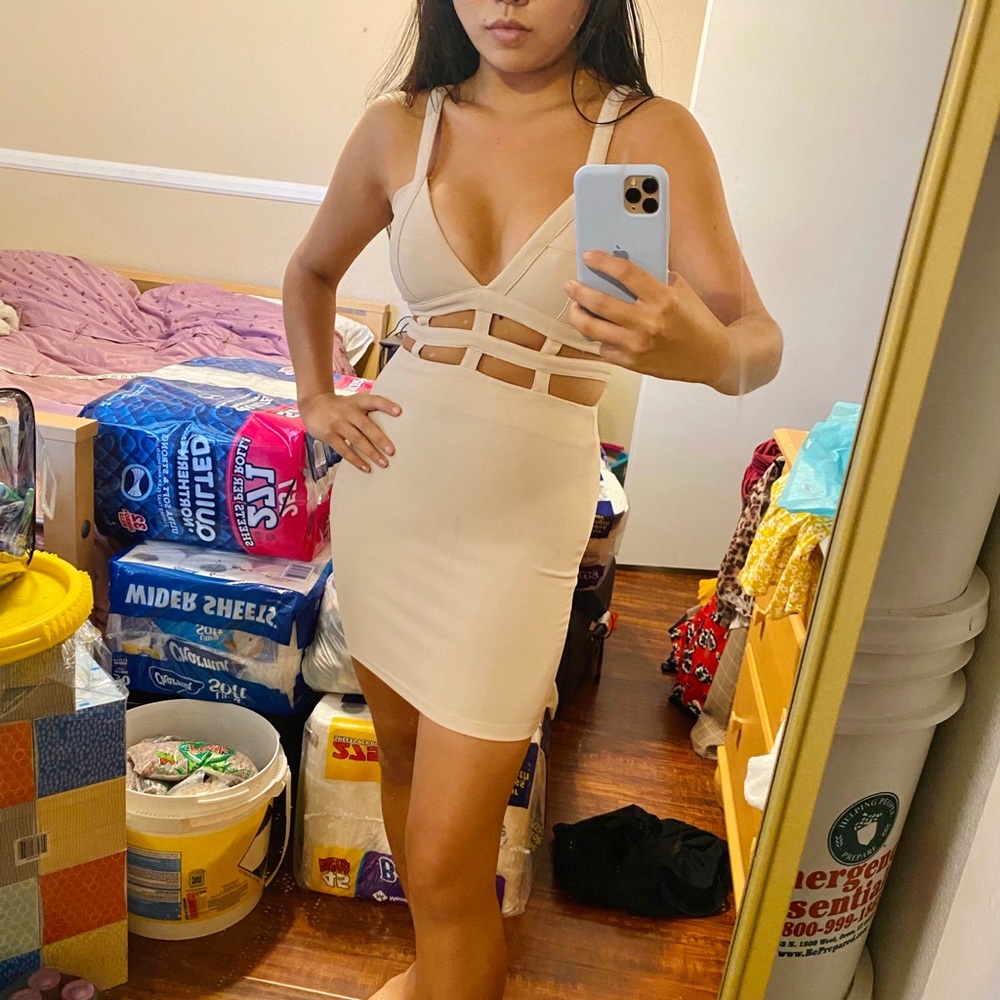 Beige Cream Cut Out Caged Bodycon Mini Dress Tobi
